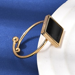女性用304ステンレススチールカフオープンリング  アクリル正方形で  ゴールドカラー  ブラック  10x10mm  18mm&nbsp;RJEW-B161-01G-01