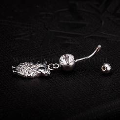 Piercing Jewelry Real Platinum Plated Brass Rhinestone Owl Navel Ring Belly Rings&nbsp;AJEW-EE0001-64