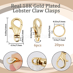 真鍮製回転ロブスタークロウ留め金6個  20個のオープン丸カン付き  18KGP本金メッキ  16x7.5x4mm  穴：1.6mm&nbsp;DIY-BBC0001-51