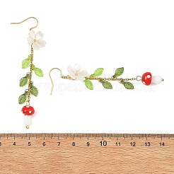 アクリル、手作りランプワーク、ABS樹脂製のイミテーションパールを使用したドロップピアス  キノコの花  女性用304ステンレススチールダングルイヤリング  ゴールドカラー  77~80x15mm&nbsp;EJEW-JE07512