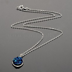 Silver Color Plated Flat Round Brass Druzy Resin Pendant Necklaces&nbsp;NJEW-JN01163