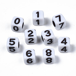 不透明なアクリルビーズ  番号の立方体0~9  ホワイト  6x6x6mm  穴：3mm  約2995個/500g&nbsp;SACR-S273-42