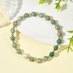Natural Peruvian Turquoise(Jasper) Round Beaded Stretch Bracelets&nbsp;BJEW-JB14343-03