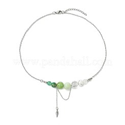 Natural Green Aventurine & Quartz Crystal & Dyed Imperial Jasper & New Jade Round Graduated Beaded Pendant 304 Stainless Steel Cable Chain Necklaces for Women&nbsp;NJEW-TA00242-03