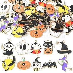 40 個 10 スタイルハロウィン合金エナメルパンツ  ライトゴールド  おばけと魔女とカボチャと猫  オレンジ  14.5~30x14~24x1.5mm  穴：1.6~1.8mm  4個/スタイル&nbsp;ENAM-CJ0004-14