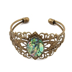 Oval Natural Paua Shell Brass Hollow Floral Cuff Bangles for Women&nbsp;BJEW-JB14503-01