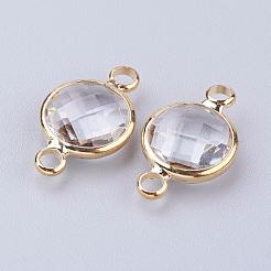ゴールデントーン真鍮ガラスリンクコネクター  多面カット  フラットラウンド  透明  16x10.5x4mm  穴：1.5mm&nbsp;GLAA-M004-B-24G