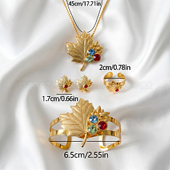メープルリーフ合金製カラフルラインストーンペンダントネックレス＆スタッドピアス＆カフバングル＆カフリングセット（女性用）  ゴールドカラー  17.72インチ（45cm）&nbsp;WGFFE4E-01