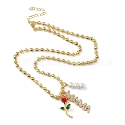 Mother's Day Brass Micro Pave Clear Cubic Zirconia Enamel Red Rose Flower Mama Pendant Necklaces for Women&nbsp;NJEW-A071-02G