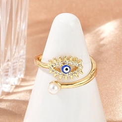 Evil Eye Brass Micro Pave Clear Cubic Zirconia Open Cuff Rings for Women. with ABS Plastic Imitation Pearl and Enamel&nbsp;RJEW-G343-20G