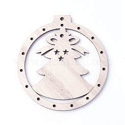 未染色の木の大きなペンダント  クリスマスツリーとフラットラウンド  バリーウッド  68.5x64x2.5mm  穴：2.5mm&nbsp;WOOD-F007-02