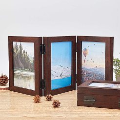 ヒンジ付き木製額縁ボックス  3 つの垂直開口部  前面ガラス付き  寝室、リビングルーム、オフィスのデスクトップ用  ココナッツブラウン  20.9x16.3x6.05cm  展開：20.9x48x2cm  インナーサイズ：16.9x11.75センチメートル&nbsp;DIY-WH0162-27B
