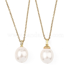 2Pcs 2 Styles Brass & Shell Pearl Oval Pendant 304 Stainless Steel Cable Chain Necklaces for Women&nbsp;NJEW-JN06257