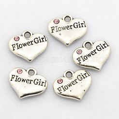 結婚式のパーティーの供給アンティーク銀合金ラインストーンのハート刻まれた単語フラワーガールの結婚式の家族チャーム  カドミウムフリー＆鉛フリー  ライトローズ  13.5x16x3mm  穴：2.5mm&nbsp;ALRI-N005-28D