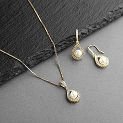 Teardrop Brass Micro Pave Clear Cubic Zirconia with Plastic Pearl Pendant Necklace & Dangle Earring&nbsp;FS-WG2AAB6-01