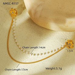 304 Stainless Steel Pave Clear Cubic Zirconia & ABS Pearl Flower Hanging Chain Brooch&nbsp;JEWB-S021-05G