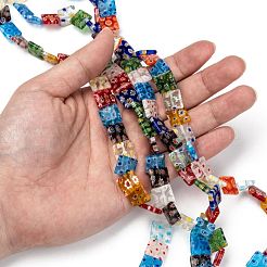 正方形のハンドメイドミッレフィオーリガラスビーズ連売り  ミックスカラー  12x12x4mm  穴：1mm  約32個/連  14.5インチ&nbsp;LK-R004-13
