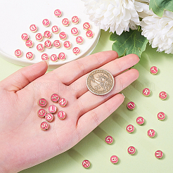 合金エナメルビーズ  アルファベット付きフラットラウンド  ライトゴールド  ショッキングピンク  8x3.5mm  穴：1.4mm  50個/箱&nbsp;ENAM-CJ0001-96C