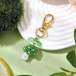 アクリルの葉のペンダント飾りが付いた手作りのガラスの種キノコ  合金製回転式ロブスター クロウ クラスプ バッグ飾り用チャーム  ミディアムシーグリーン  63mm&nbsp;HJEW-MZ00104-01