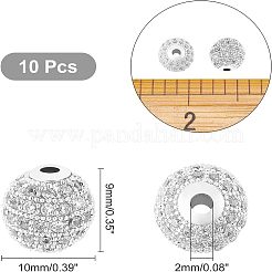ラックメッキ真鍮製キュービックジルコニアビーズ  長持ちメッキ  ラウンド  プラチナ  9.5~10x9~9.5mm  穴：2mm  10個/箱&nbsp;ZIRC-NB0001-01P