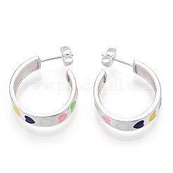 カラフルなエナメルハートスタッドピアス  女性用真鍮ハーフフープピアス  ニッケルフリー  銀  23.5x6mm  ピン：0.8mm&nbsp;EJEW-T014-02S-NF
