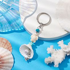 合成ターコイズキーホルダー  チベット風合金ペンダントと貝殻ペンダント付き  人魚  フローラルホワイト  10cm&nbsp;KEYC-JKC00843-02