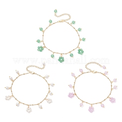 3Pcs 3 Colors Shell Pearl and Dyed Natural Malaysia Jade Round Beaded Flower Tassel Ankelets&nbsp;AJEW-AN00706