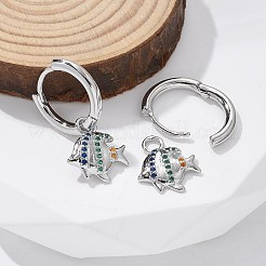 真鍮クリアキュービックジルコニアフープピアス  魚  プラチナ  22x10.5x13.5mm&nbsp;EJEW-Q014-26P