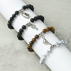 DIY カップルブレスレット作成キット  天然と合成の混合宝石とガラスラウンドビーズを含む  合金のハートマグネットクラスプ  スケルトンキー＆ロックプラスチックペンダント  ブラック  421個/セット&nbsp;DIY-YW0008-23