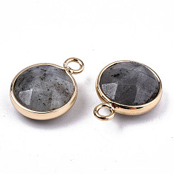 天然石ラブラドライトペンダント  ライトゴールドトーン真鍮エッジ  多面カット  フラットラウンド  18x13.5x6mm  穴：2mm&nbsp;X-G-T131-101A