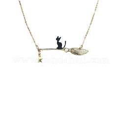 Halloween Alloy Black Cat with Broom Pendant Necklaces for Women&nbsp;FS-WGACF10-02