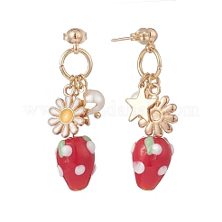 天然パール＆合金エナメルフラワー＆ランプワークストロベリーダングルスタッドピアス  女性用真鍮ロングドロップピアス  クリムゾン  42mm  ピン：0.9mm&nbsp;EJEW-TA00143