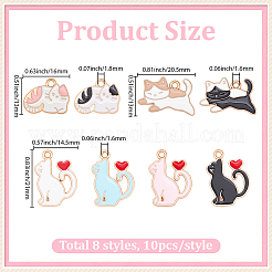80個8スタイルアロイエナメルペンダント  カドミウムフリー＆鉛フリー  猫のチャーム  ミックスカラー  13~21x14.5~20.5x1mm  穴：1.6~1.8mm  10個/スタイル&nbsp;ENAM-BM0001-42