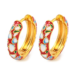 ラックメッキブラスフープピアス  花のエナメル  カドミウムフリー＆鉛フリー  長持ちメッキ  18KGP本金メッキ  ミックスカラー  19x4.5mm&nbsp;EJEW-C102-46G