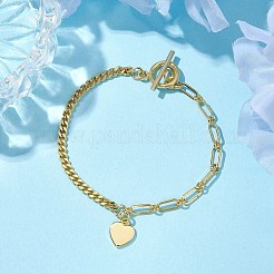 真鍮ハートチャームブレスレット  女性用カーブチェーン＆ペーパークリップチェーンブレスレット  ゴールドカラー  7-1/2インチ（19.2cm）&nbsp;BJEW-JB10401