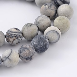 Round Frosted Natural Black Silk Stone/Netstone Bead Strands&nbsp;G-M248-8mm-03