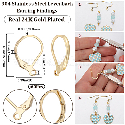 304ステンレススチールフレンチフックピアス金具60個  カン付き  24KGP本金メッキ  15.5x10x1.5mm  穴：1.5mm&nbsp;STAS-SC0007-65