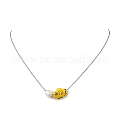 Handmade Porcelain Fish & Natural Cultured Freshwater Pearl Pendant 304 Stainless Steel Round Snake Chain Necklaces for Women&nbsp;NJEW-JN06398