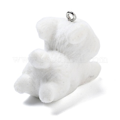 フロッキー樹脂ペンダント  プラチナ鉄ループ付き  ちょう結びの犬  ホワイト  28x19.5x34mm  穴：2mm&nbsp;RESI-Q002-06A
