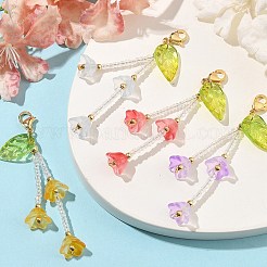 4個 4色の花のガラスペンダント装飾  304ステンレススチール製カニカン留め具、バッグ飾り用チャーム  ミックスカラー  69mm  1pc /カラー&nbsp;HJEW-TA00312