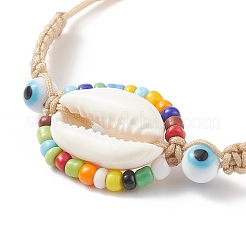 5 個 5 色天然カウリーシェル & ガラスシード & ランプワークナザールボンジュウ編組ビーズブレスレットセット  女性のための調節可能な幸運のブレスレット.  ミックスカラー  内径：2-1/2~3-5/8インチ（6.5~9.2cm）  1pc /カラー&nbsp;BJEW-TA00198