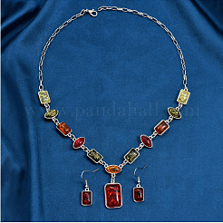 Rectangle Horse Eye Alloy & Resin Pendant Necklaces & Dangle Earrings Sets&nbsp;FS-WGE4E7B-01