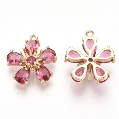 クリアガラスペンダント  ゴールデントーン真鍮パーツ  多面カット  花  パールピンク  16x14.5x6mm  穴：1mm&nbsp;X-GLAA-R212-06C