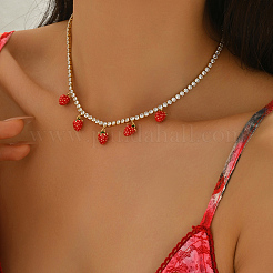 Brass Pave Clear Cubic Zirconia Tennis Chain 5 Strawberries Pendant Bib Necklaces for Women&nbsp;JT1747