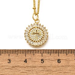 女性用真鍮クリアキュービックジルコニアペンダントネックレス  18KGP本金メッキ  クロスとフラットラウンド  17.99インチ（45.7cm）&nbsp;NJEW-A039-02E-G