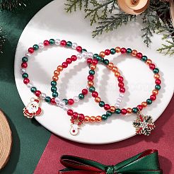 3個 3スタイル クリスマステーマ アクリル模造真珠&合金エナメルストレッチチャームブレスレットセット 女性用  ミックスカラー  内径：2-1/8インチ（5.5cm）  1個/スタイル&nbsp;BJEW-JB11200