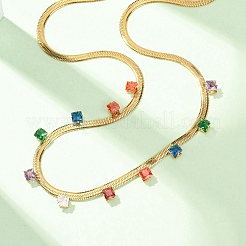 304 Stainless Steel Flat Snake Chain Necklaces with Square Cubic Zirconia&nbsp;NJEW-P355-02G-02