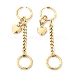 304ステンレススチールフープピアス  チェーンチャーム付きハート  18KGP本金メッキ  71.5x16mm&nbsp;EJEW-V016-04G
