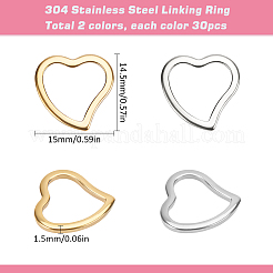 60個 2色 304ステンレススチール リンキングリング  ハート  ゴールデン·ステンレス鋼色  14.5x15x1.5mm  内径：12x10mm  30個/カラー&nbsp;STAS-SC0007-49