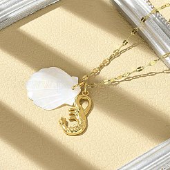 夏のビーチ用天然シェル＆304ステンレススチールペンダントネックレス（女性用）  18KGP本金メッキ  エビ  15.24インチ（38.7cm）  エビ：23x11ミリ​​メートル&nbsp;NJEW-P323-01C-G
